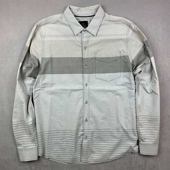 Prana Mens Shirt Medium Gray White Striped Button Up Long Sleeve Organic Cotton - Picture 1 of 9